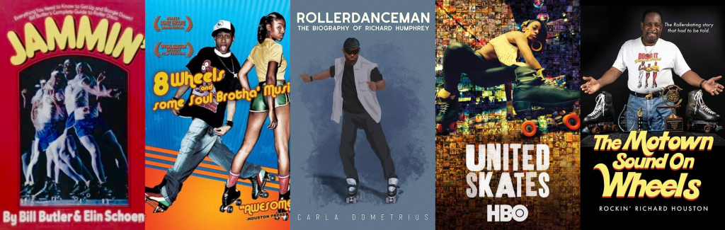 Collage of 5 images depicting book covers and movie posters related to the history of roller skating.